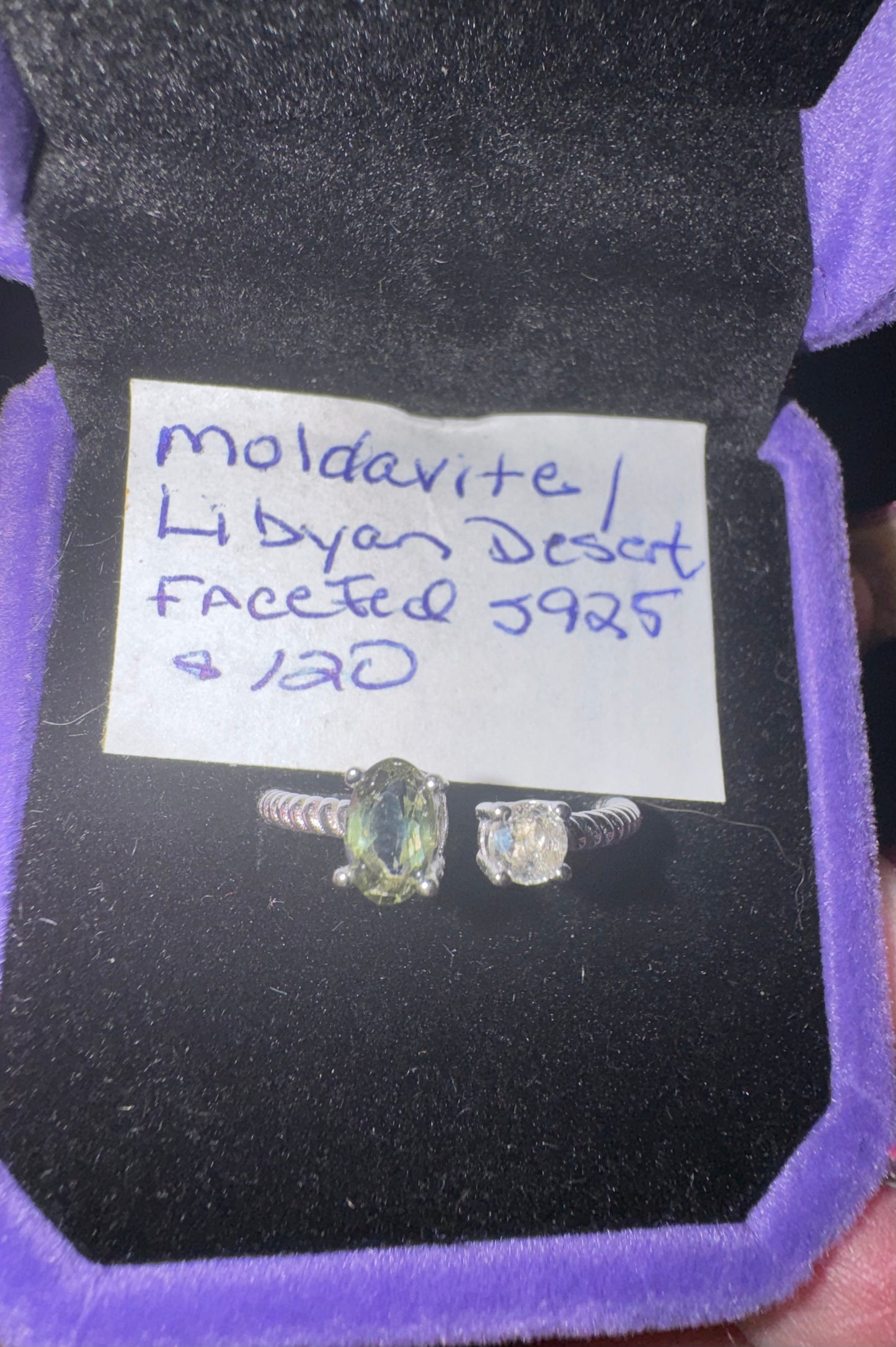 Faceted Moldavite and Libyan Desert Glass Adjustable s925 Ring
