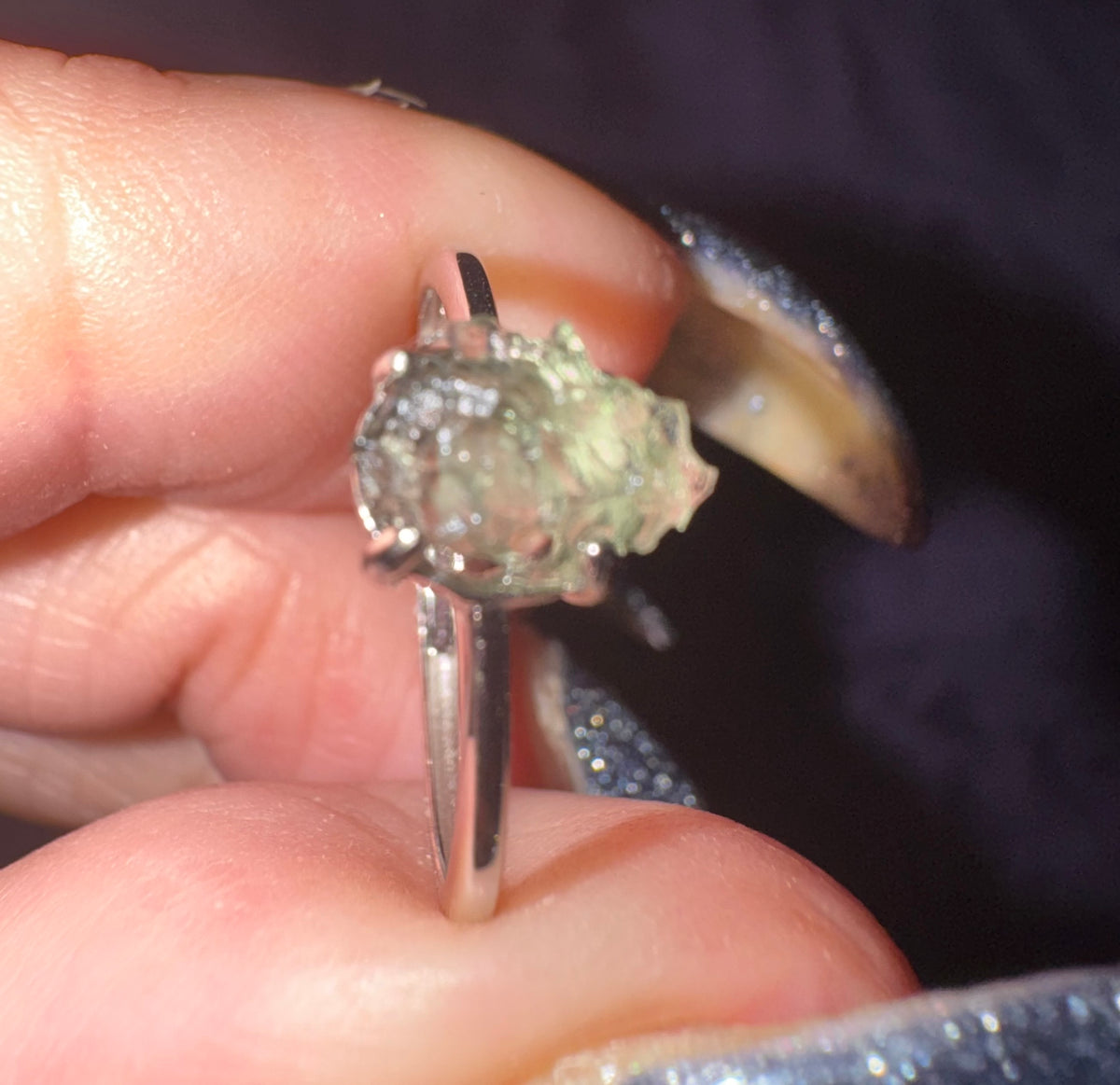 Natural Raw Moldavite s925 Dainty Starter Ring. Includes Certificate, Box and Cleaning Cloth.