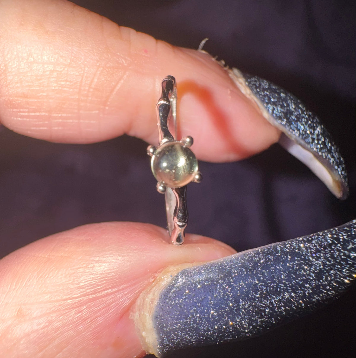 Polished Crystal Ball Style Dainty s925 Moldavite Ring. Certificate, Box and Cleaning Cloth Included.