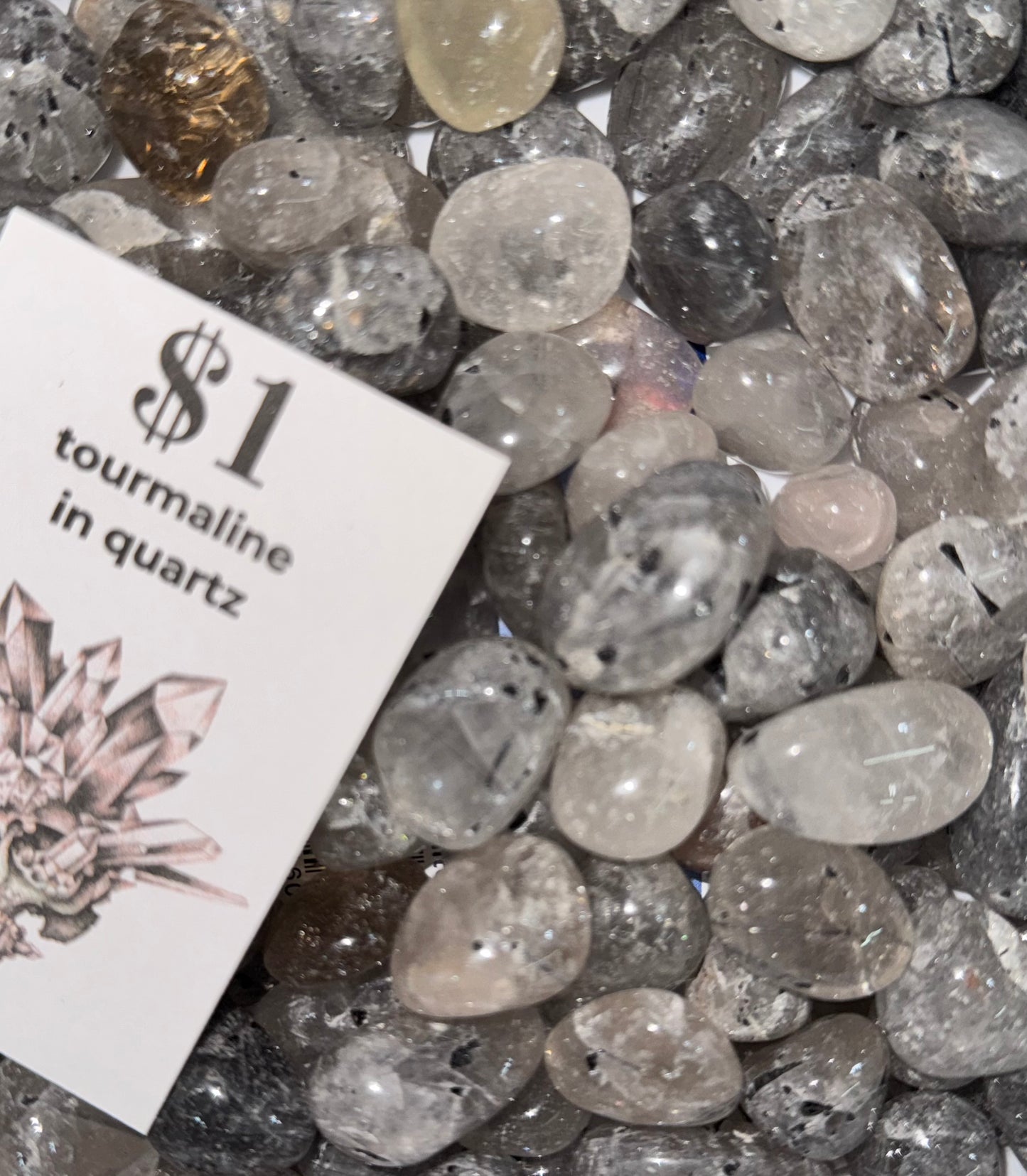 High Quality Black Tourmaline in Clear Quartz $1 for 1 pc. Intuitive Pick.