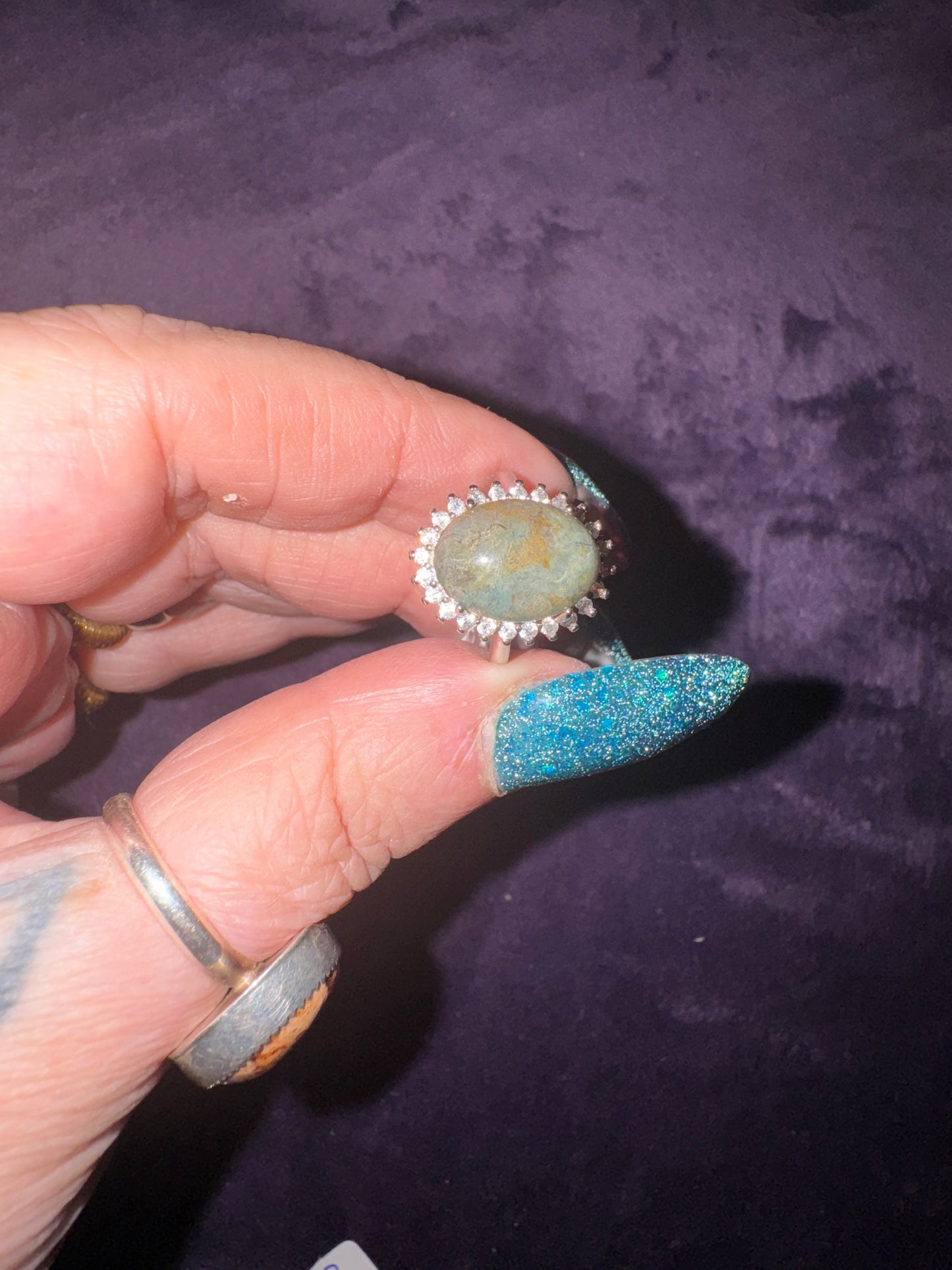 Moss Agate / zirconia ( adjustable nickle free stainless steel)
