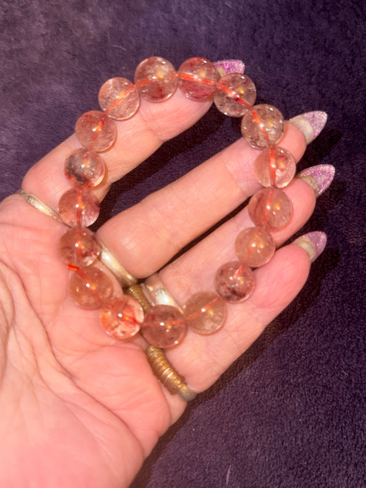 Red and Silver Rutilated Quartz 12mm Bead Bracelet