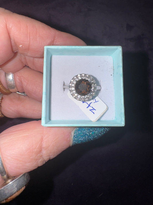 Faceted Smoky Quartz w/Zirconia ( set in adjustable nickel free stainless steel)