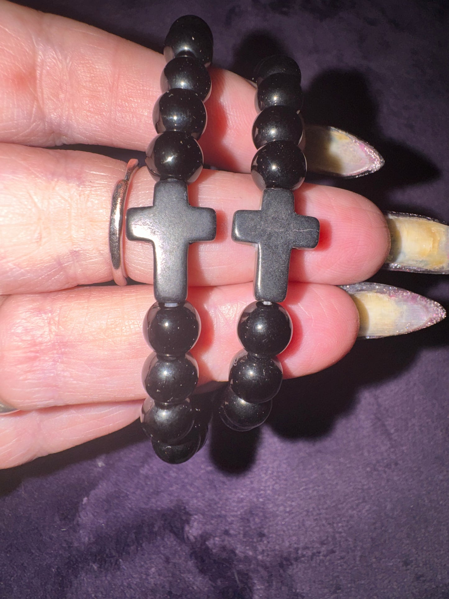 Black Obsidian 8mm Bead Bracelets With Obsidian Cross