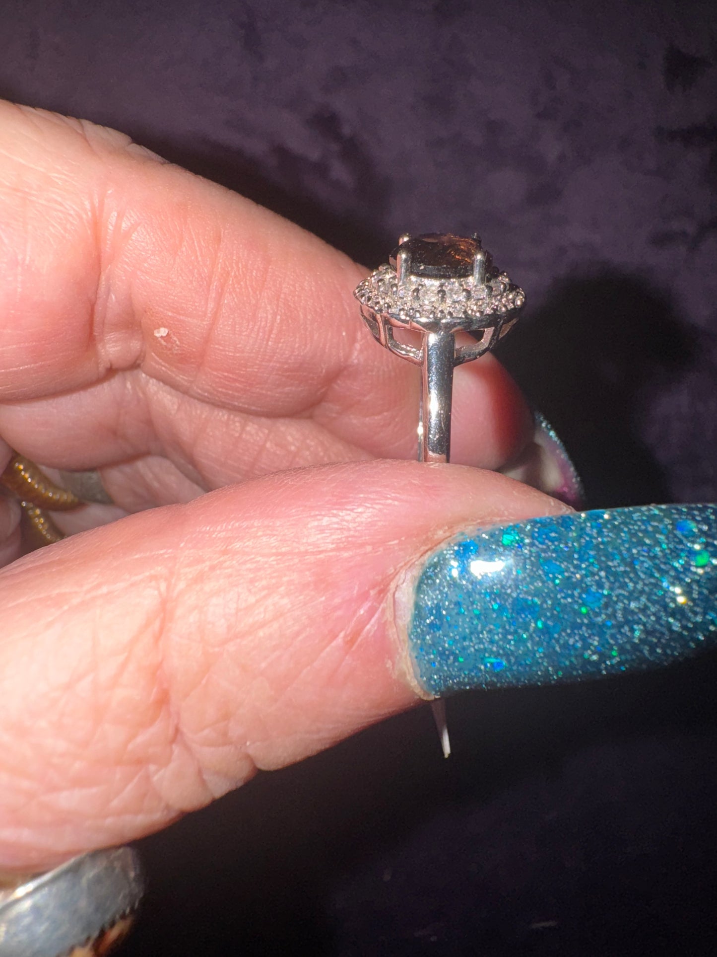 Faceted Smoky Quartz w/Zirconia ( set in adjustable nickel free stainless steel)