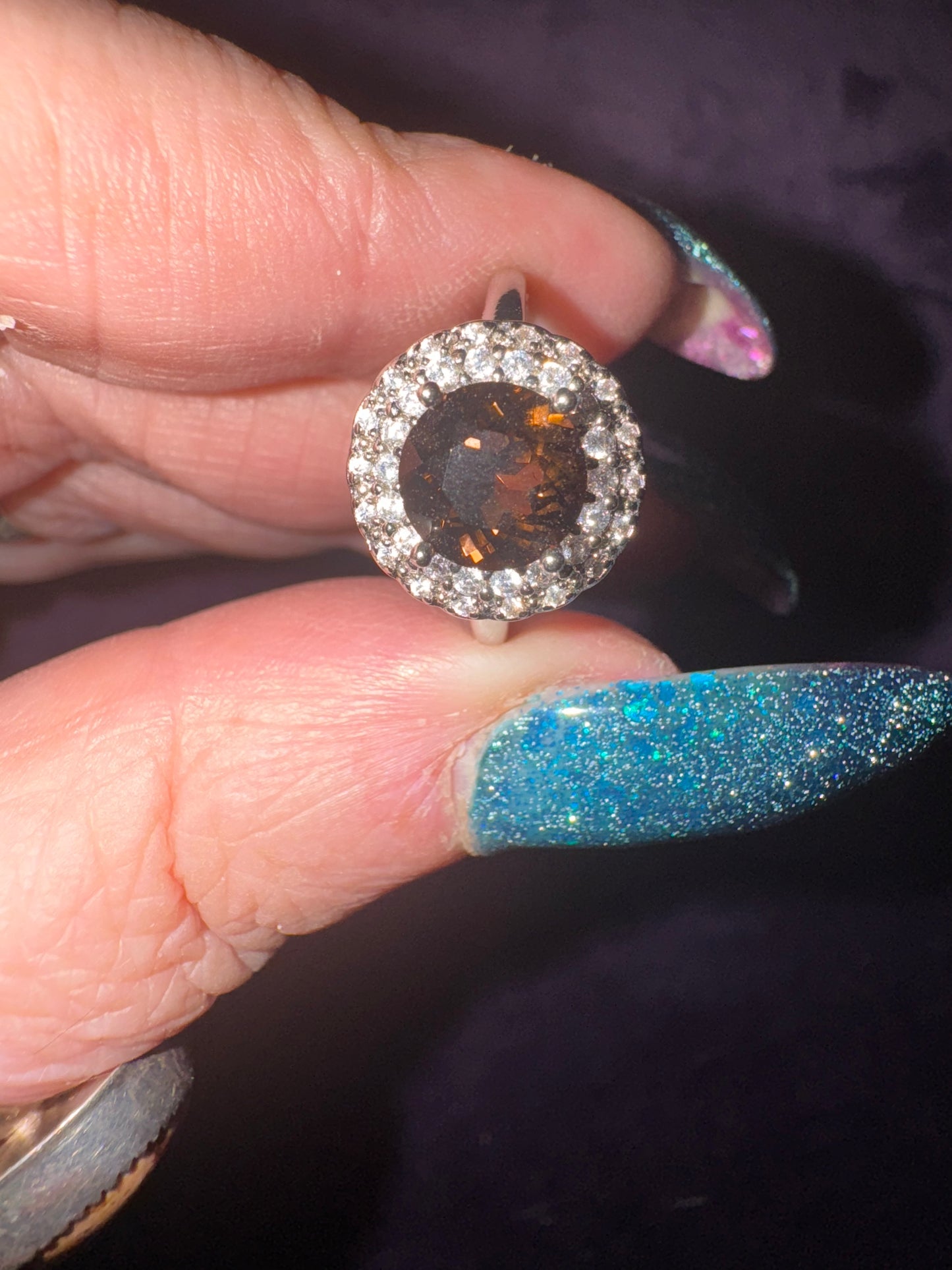 Faceted Smoky Quartz w/Zirconia ( set in adjustable nickel free stainless steel)