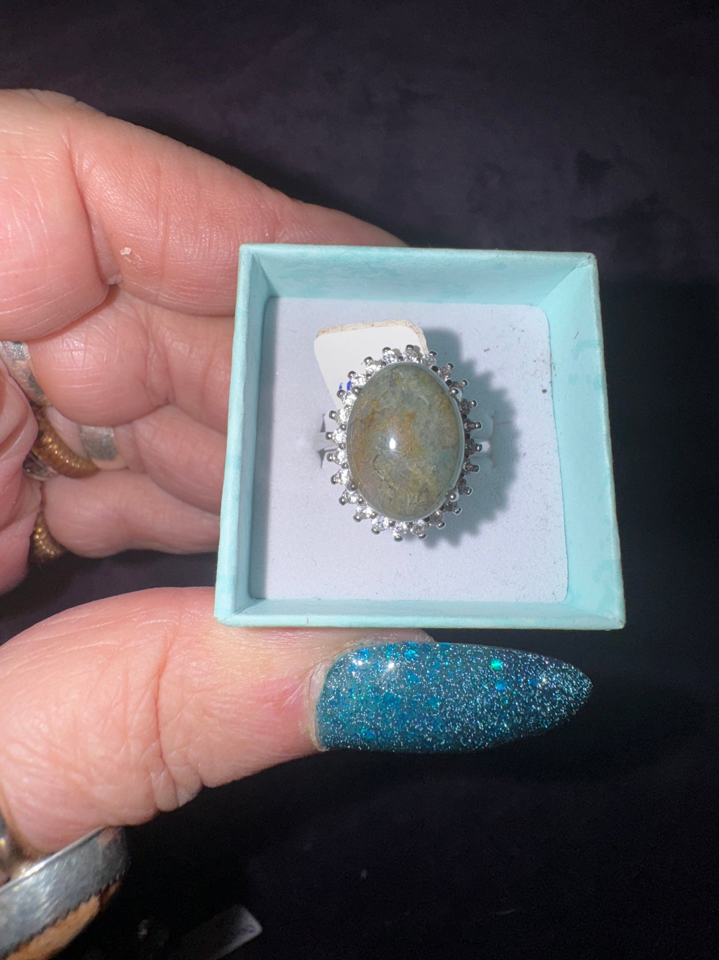 Moss Agate / zirconia ( adjustable nickle free stainless steel)
