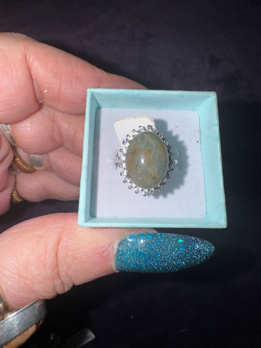 Moss Agate / zirconia ( adjustable nickle free stainless steel)