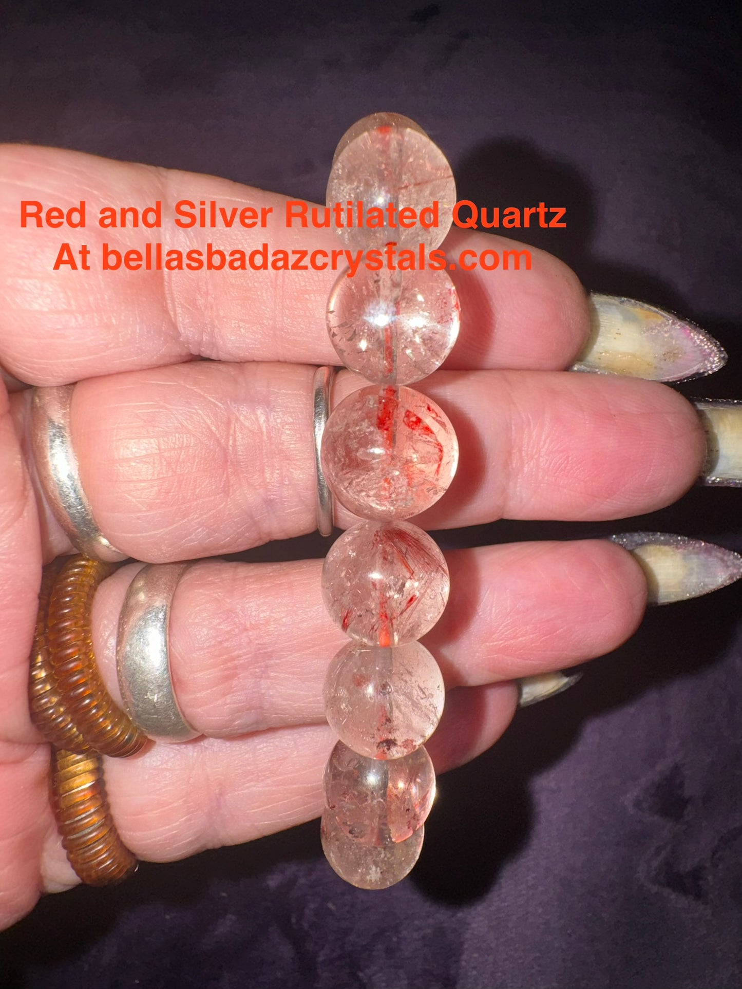 Red and Silver Rutilated Clear Quartz 12mm Bead Bracelet