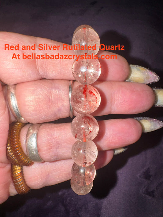 Red and Silver Rutilated Clear Quartz 12mm Bead Bracelet
