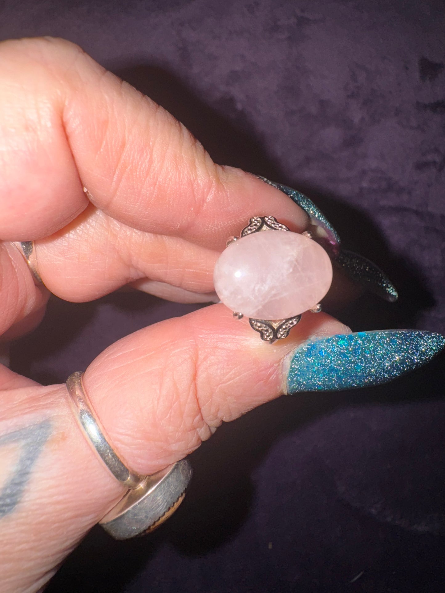 Rose Quartz Oval Shape Ring ( set in adjustable nickel free silver tone stainless steel )