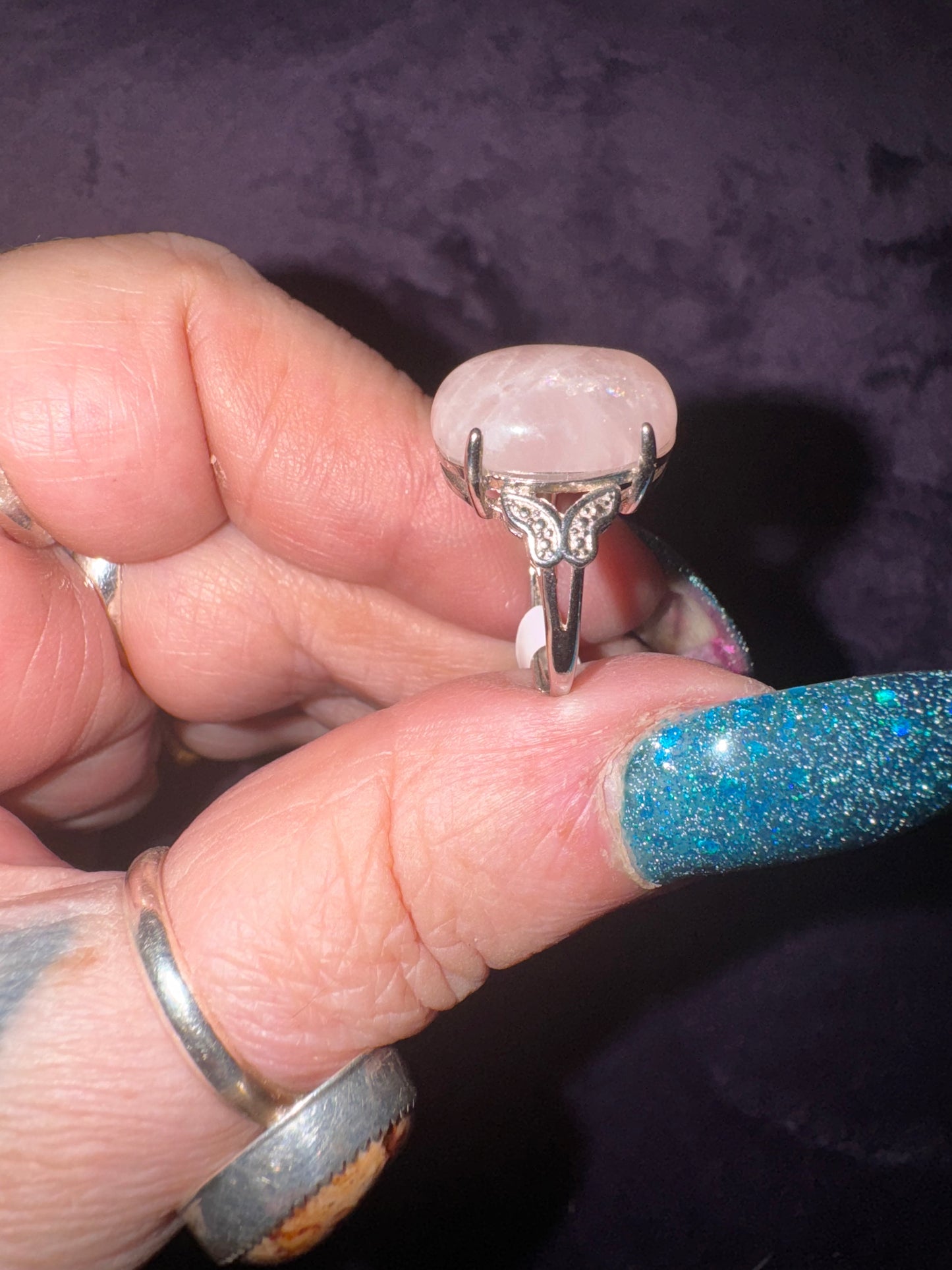 Rose Quartz Oval Shape Ring ( set in adjustable nickel free silver tone stainless steel )