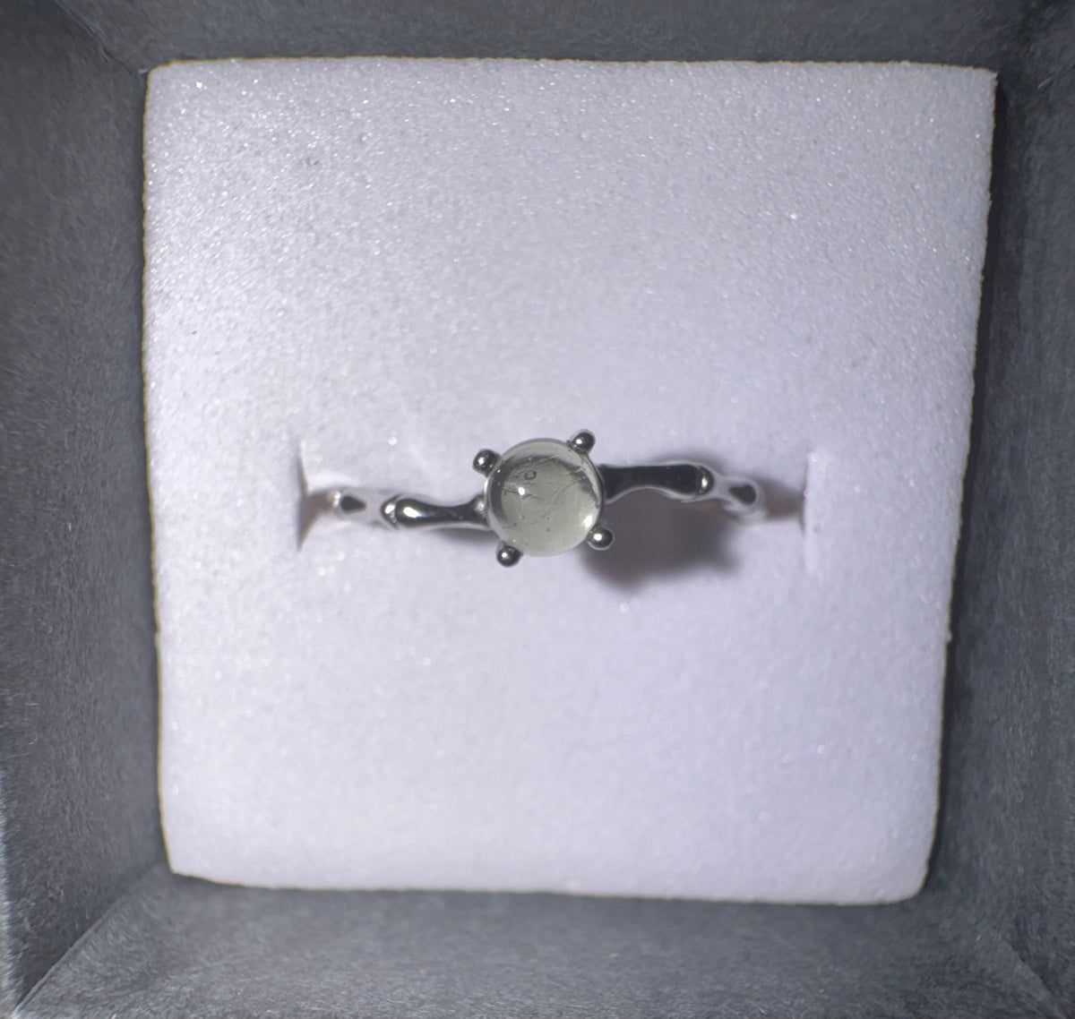 Polished Crystal Ball Style Dainty s925 Moldavite Ring. Certificate, Box and Cleaning Cloth Included.