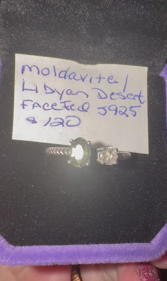 Faceted Moldavite and Libyan Desert Glass Adjustable s925 Ring
