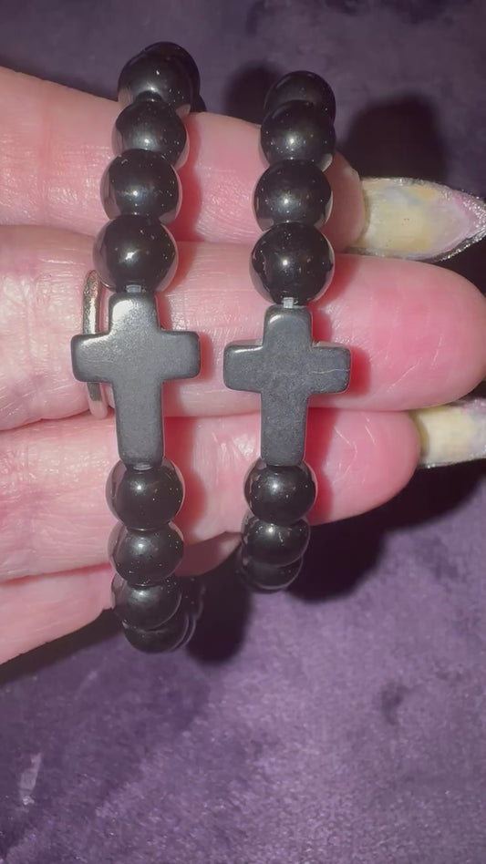 Black Obsidian 8mm Bead Bracelets With Obsidian Cross